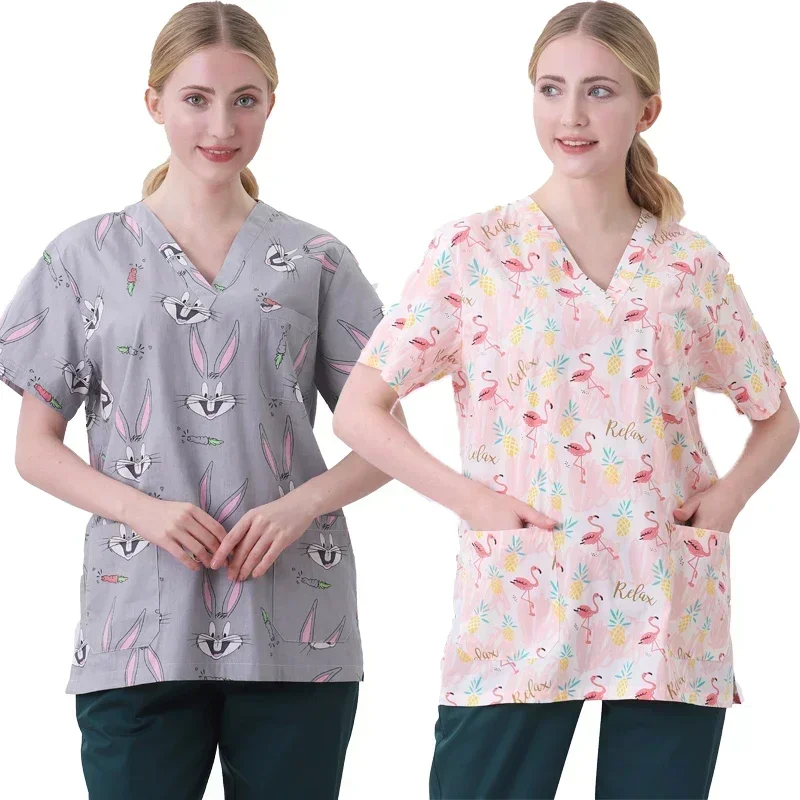 Nurse Uniforms 2025 Women Print Short Sleeve V-neck Scrubs Working Medical Blouse Overalls Uniforms Medical Nursing Spa new Pet Dentistry