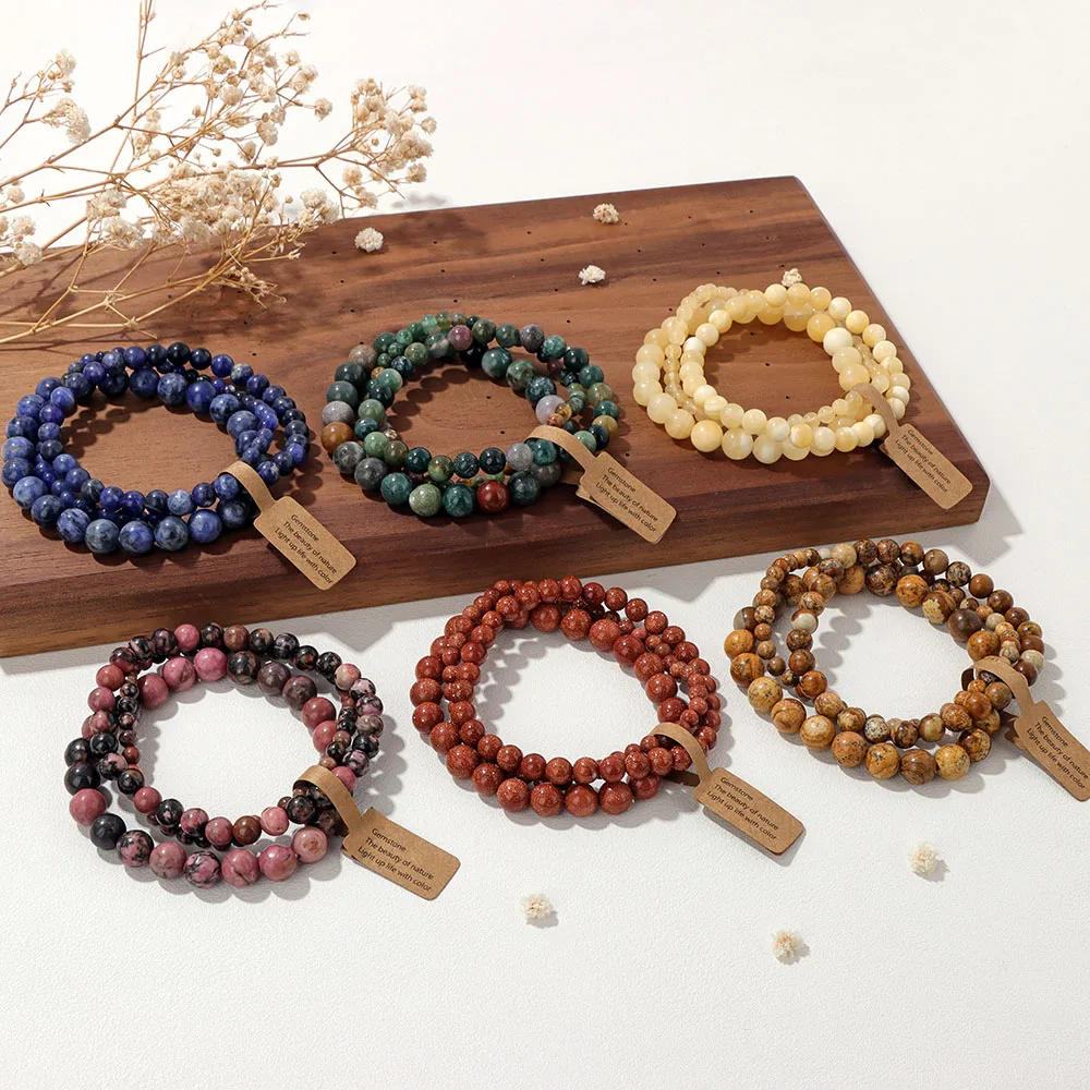 Pcs Natural Stone mm Beads Bracelet Set For Women Men Rhodonite Indian Agates Elastic Bangles With Blessing Tag Jewelry 5