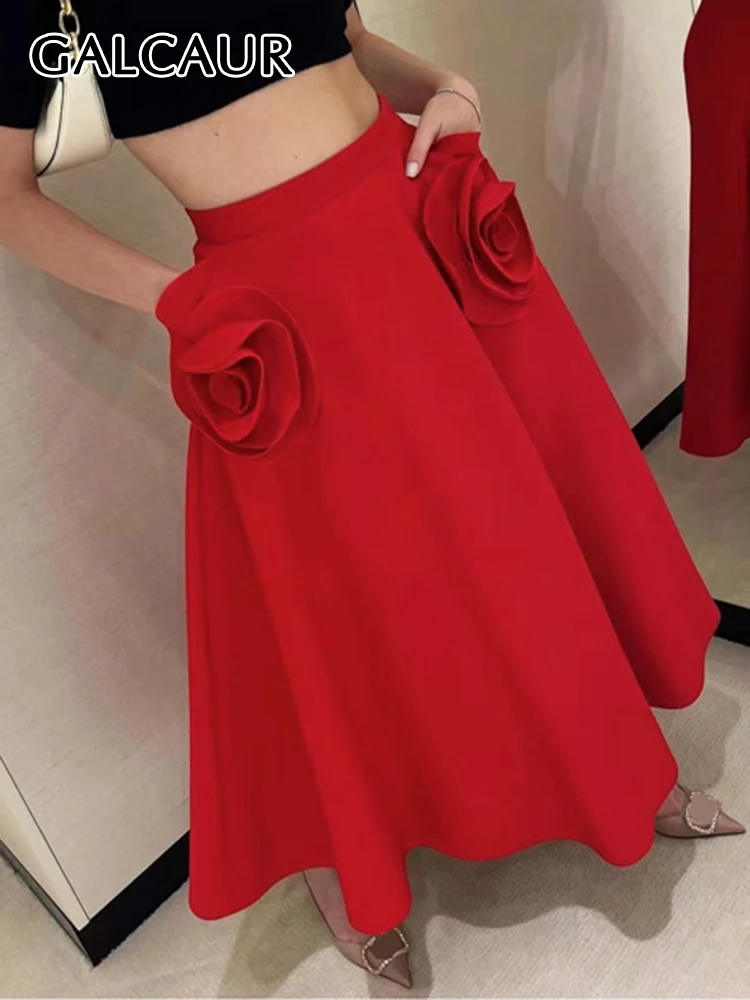 GALCAUR Spliced Appliques Midi Skirts For Women High Waist Patchwork Zipper 2025 Folds Solid Loose new Temperament Summer Skirt Female