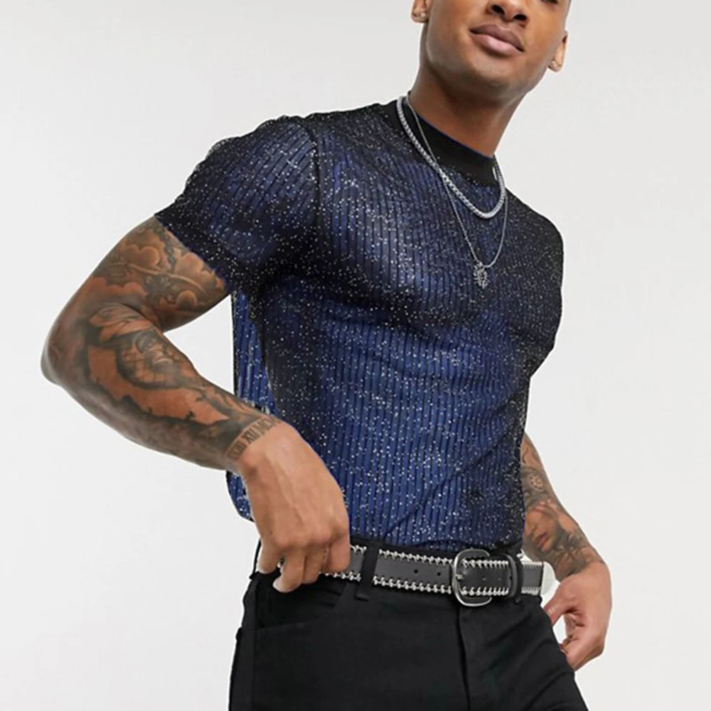 Men T Shirt See Through Sequin Shiny Mesh Sexy Undershirt Short Sleeve Shirts Casual Sexy Sheer Club Top Transparent Blouse