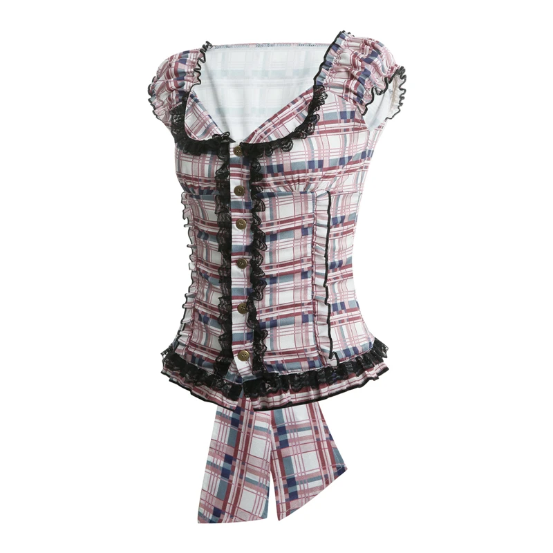 Xingqing y2k Women Plaid Tops Ruffles Square V Neck Short Sleeve Lace Trim T-shirt Kawaii E Girl Clothes 2000s Aesthetic Tee