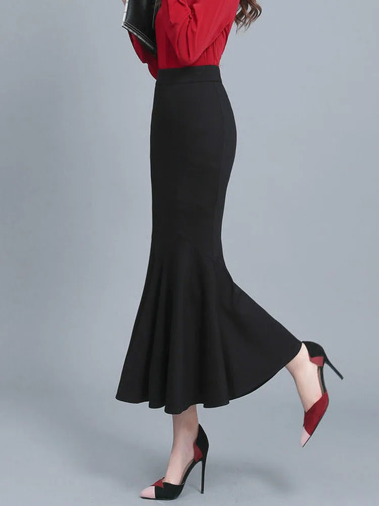 FairyShely 2024 Summer 2025 Mermaid Black Skirt For Women High new Waist Long Skirts Korean Sexy Midi Pleated Office Lady Skirt