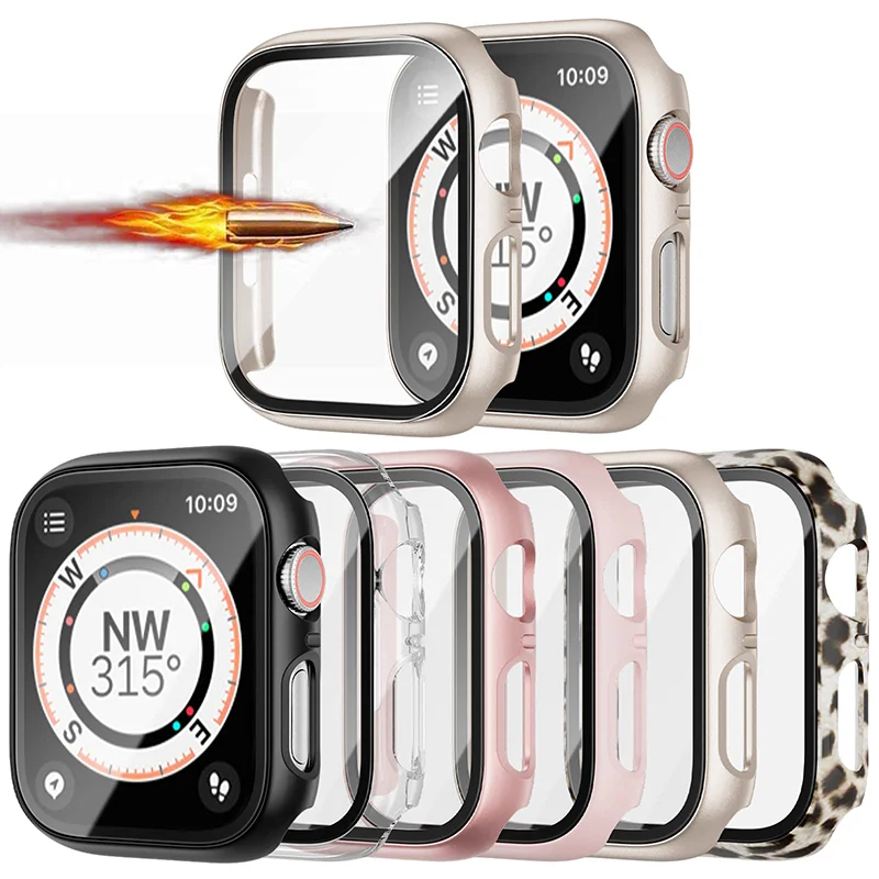 Glass+ Case For Apple Watch series 8 44mm 45mm cover 40mm 42mm 38mm 41mm bumper Screen Protector iwatch 7 6 5 4 3 SE Accessories