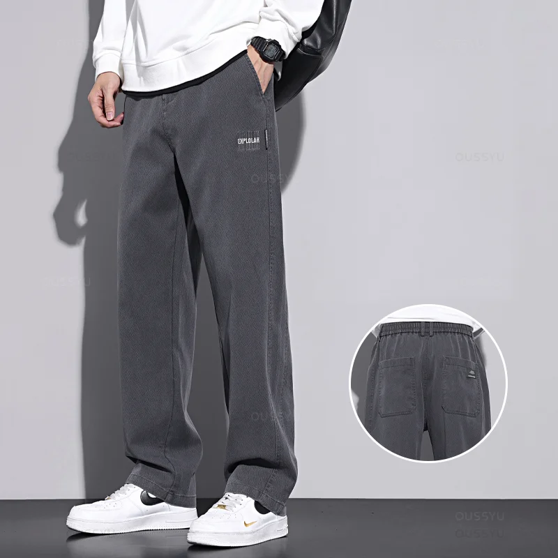 New Upgraded Soft Cosy Lyocell Fabric Men's Pants Baggy Straight Elastic Waist Thick Casual Wide Trousers Male Oversized M-5XL