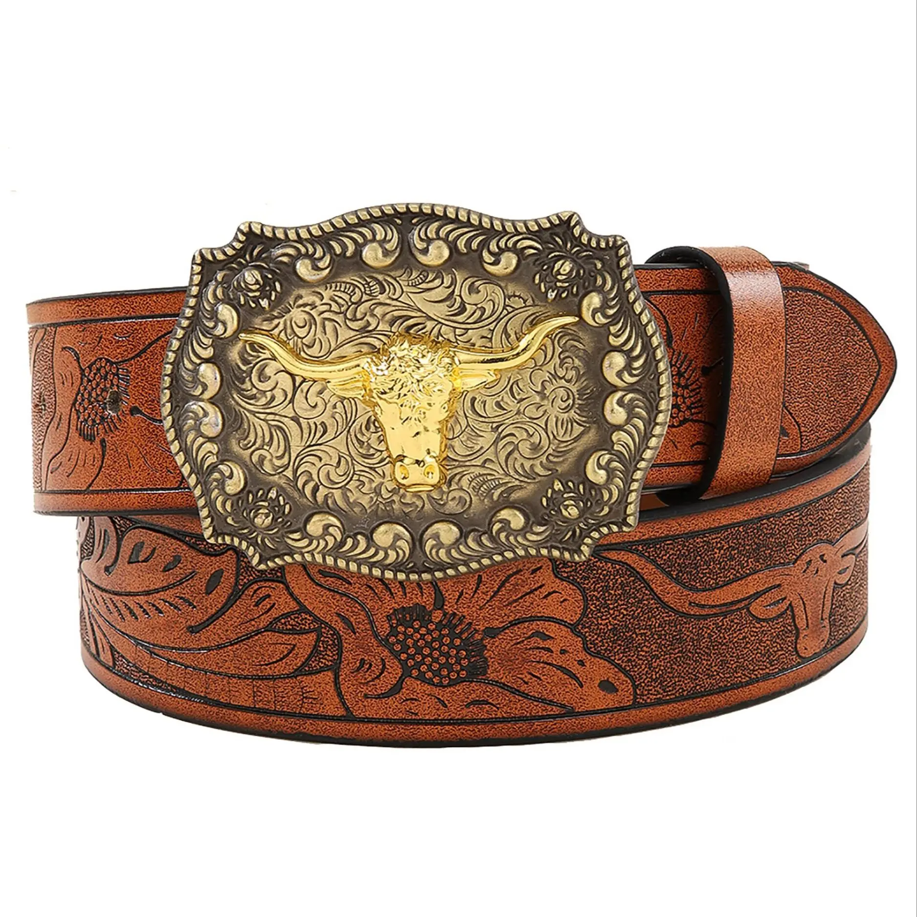 Men's Western Style Leather Belt With Vintage Bull Head Buckle, Suitable For Daily Wear