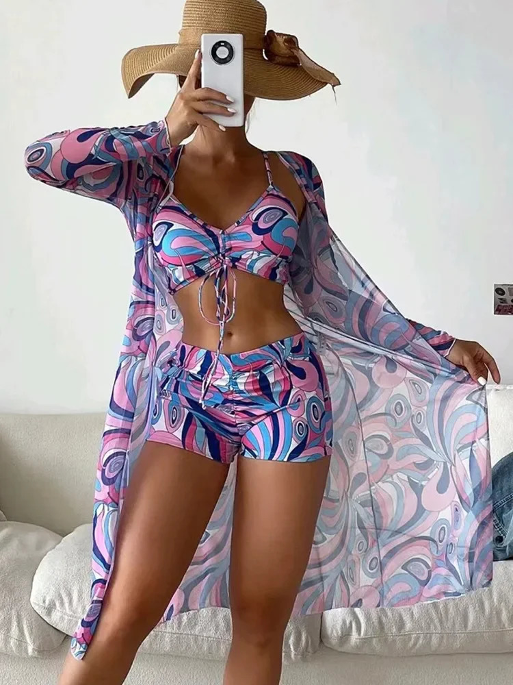 Tropical Print Bikini 3pack Drawstring Ruched Cover Up Women Swimsuit Long Sleeve Swimwear Beach Wear Bathing Suit 240327