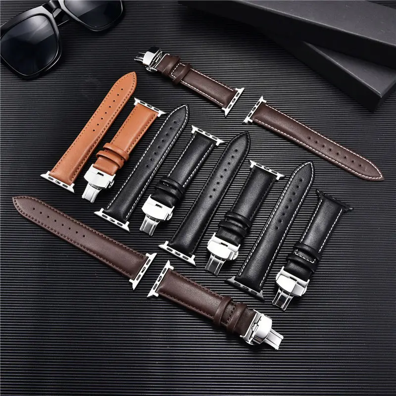 Leather Watchbands for Apple Watch 8 7 6 5 4 3 SE Butterfly Clasp Replace Wrist Strap 38/40/41mm 42/44/45mm Band for iwatch