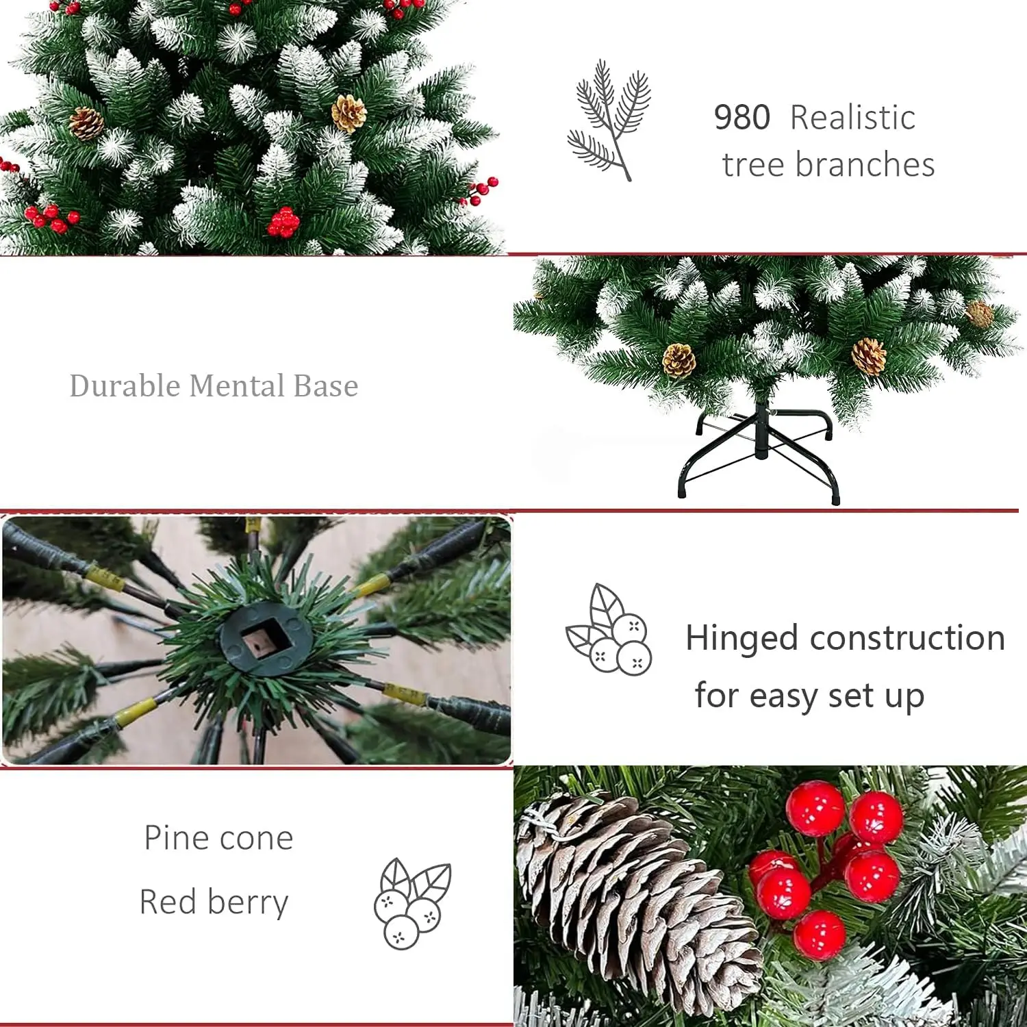 5ft/4ft Artificial Christmas Tree 150cm/120cm Snowy Flocked Xmas Tree with Red Berries Pine Cone Metal Base