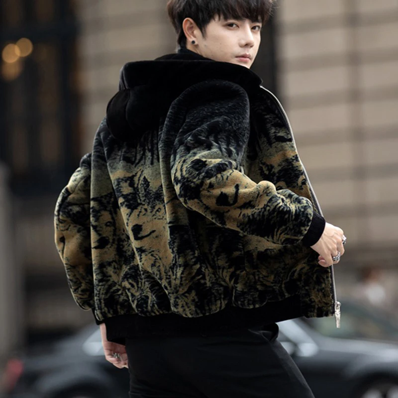 Autumn and Winter New Faux Fur Coat Men's Canary Velvet Coat Long Cap Large Male Print Contrast Color Coat Men Jacket V110