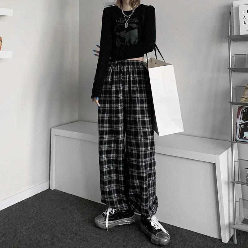 Harajuku High Waisted Plaid Pants Women Korean Style Oversized Wide Checkered Trousers For Female Drawstring Sweatpants