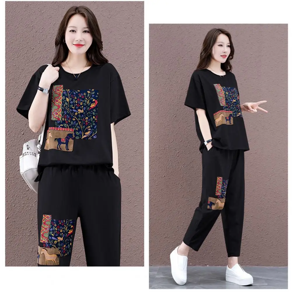 2Pcs/Set Sport 2025 Outfit Popular Stretchy Loose Outfit new Mid-aged Mother Casual Printing Loose Tracksuit Daily Garment