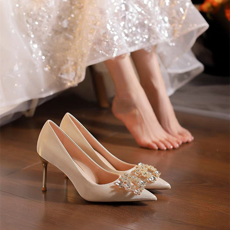 French-Style Wedding Bride Design Crystal Thin Heels Pumps Women Elegant Pointed Toe High-Heeled Woman Prom Shoes 4 8520c