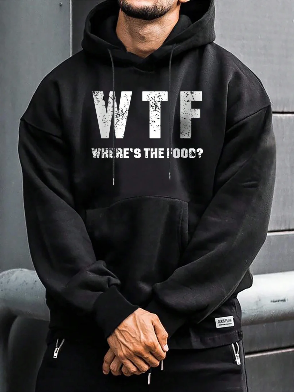 Men Slogan Where's The Food Letter Printing Hoodie Pocket Drawstring Pullovers Thermal Fleece Sweatshirts Autumn Casual Clothes