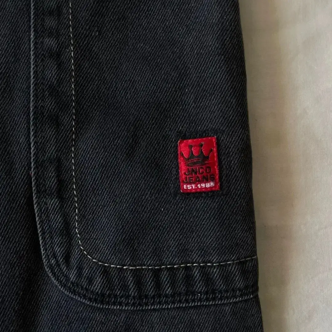 Streetwear JNCO Jeans Y2K Hip Hop Flame Skull Embroidery Retro Baggy Jeans Black Pants Punk Rock Gothic High Waist Wide Trousers