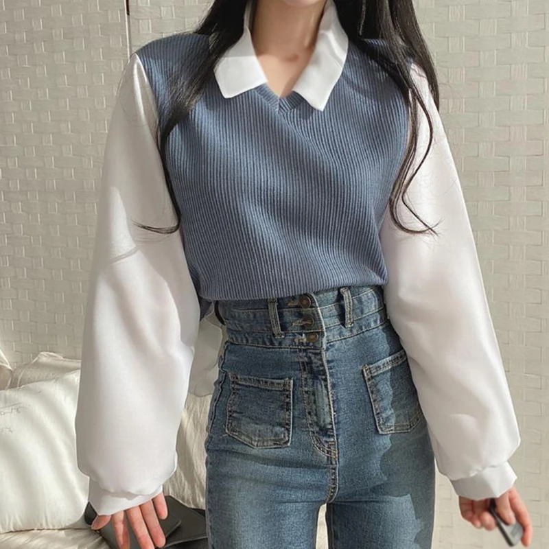 Autumn Winter Women's T-shirts Lapel new Casual Versatile Long Sleeves 2025 FakeTwo Pieces Tops