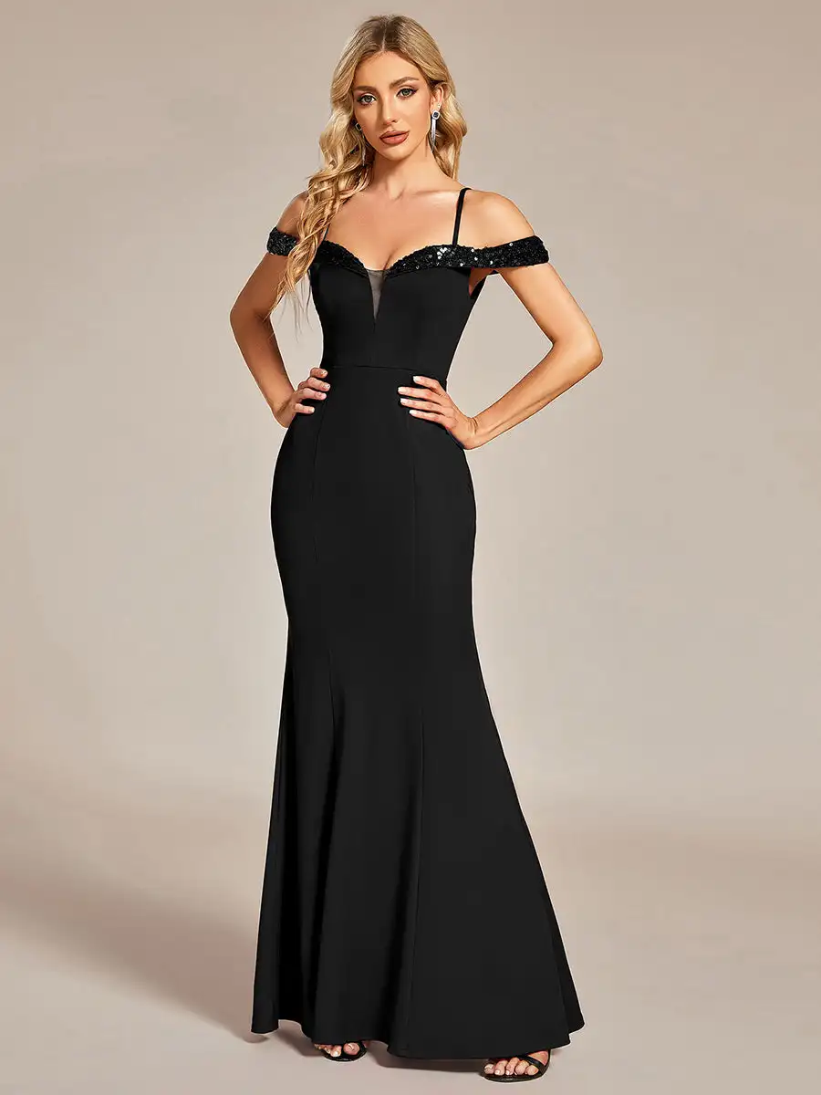 Elegant Evening Dresses new Off Shoulder Mermaid Sequin Detai Floor-Length 2024 of High Elasticity Black 2025 Bridesmaid dress