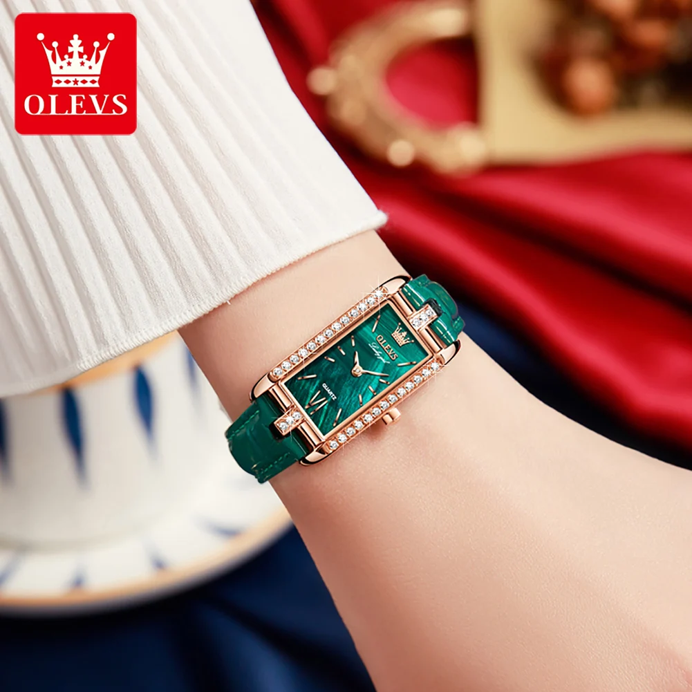 OLEVS Luxury Quartz Watch for Women New Diamond Square Waterproof Laidies Leather Wrist Watches Valentine's Day Gift for Female