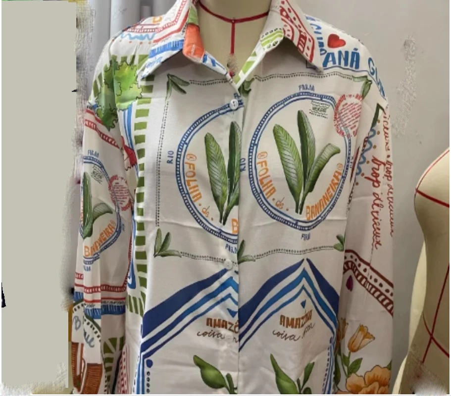 Two-Piece Set Women Geometric Print 2025 new Shirt Pants Set,Long Sleeve,Polo,Button,Loose Shirt,Top,Wide Leg Trousers,Linen,Blouse Suits