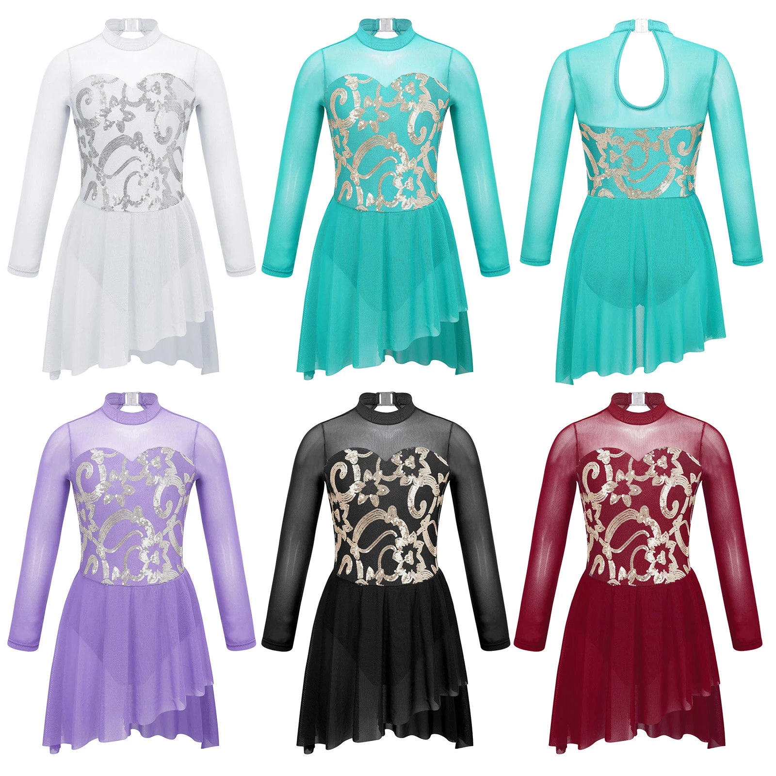 Kids Lyrical Modern Dance Costume Girls Hollow Back Shiny Sequins Decorated Irregular Hem Slit Dance Dress