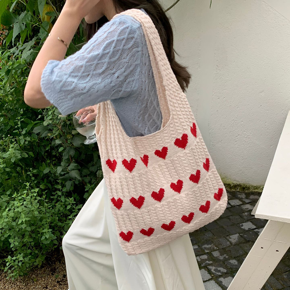 Women's Aesthetics Shoulder Bag Bow Pattern Crochet Underarm Bag Large Capacity Knitted Handbags Bag Casual Summer Beach Bag