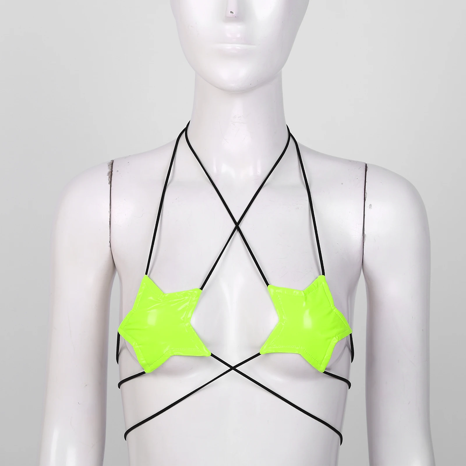 Womens Bikini Bra Tops Wet Look Patent Leather Lingerie Brassiere Halter Neck Strappy Wrap Around Star Shape Bralette Bra Top
