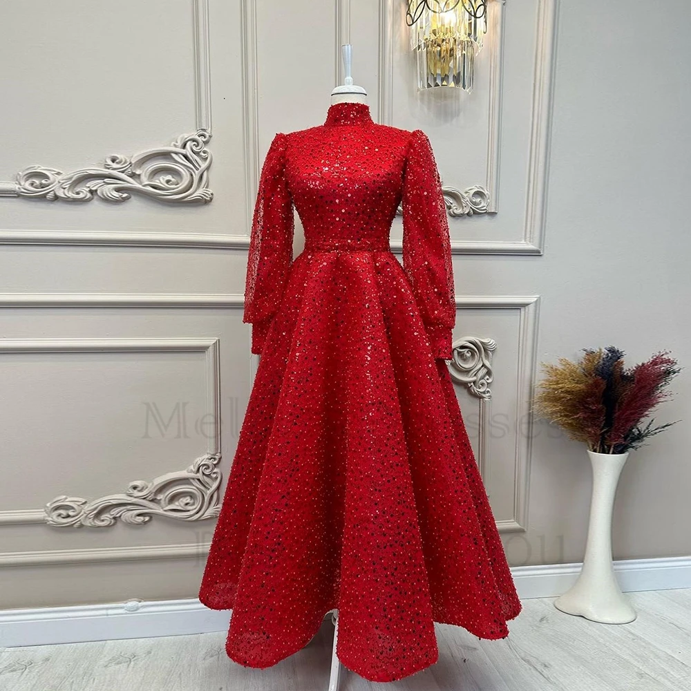 Champagne High Neck 2025 Evening Dresses for Women Full Sleeve Prom Gowns Sequined 2023 Summer A Line Real Picture Vestido new De Noche