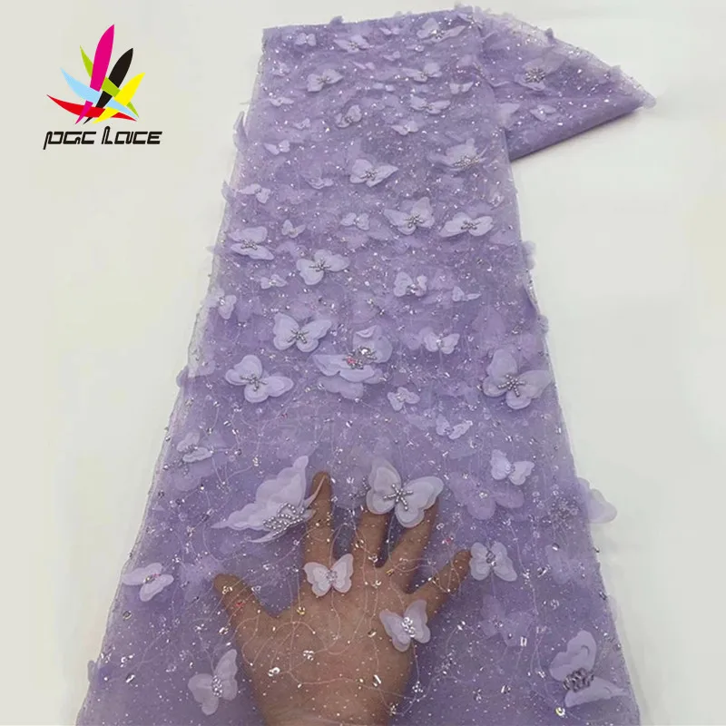 PGC 5 Yards French 3D Flower Mesh Tulle 2025 Lace Fabric With new Beads African Sequins Applique Nigerian Fabric For Wedding Party