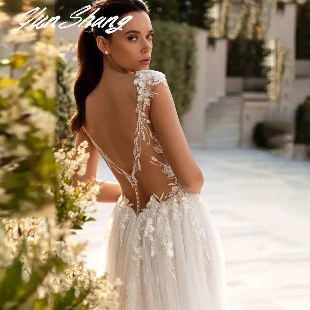 Sexy Sumnus Bohemian Wedding Dresses Lace Appliques High Split Tulle Sheer Neck A Line Bridal Gowns 2024 Robe De Mariee Femme