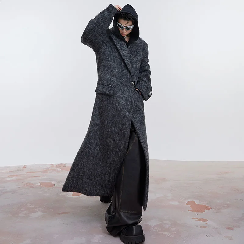 IEFB Men's Woolen Long Overcoat Silhouette Shoulder Pad Wool Coat Solid Color Loose Knee Length Trench Jackets Autumn New 9C3103