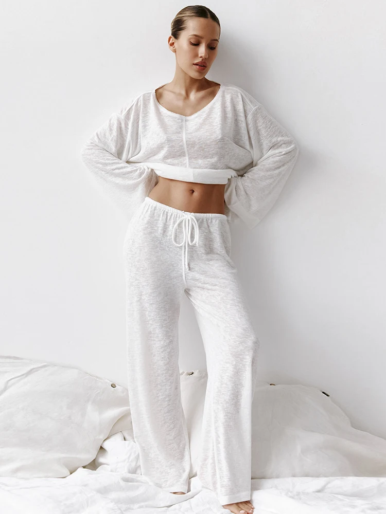 Restve Loose Pamas new 2025 For Women 2 Piece Sets White Long Sleeve O Neck Sleepwear Female Trouser Suits Spring Casual Nightwear
