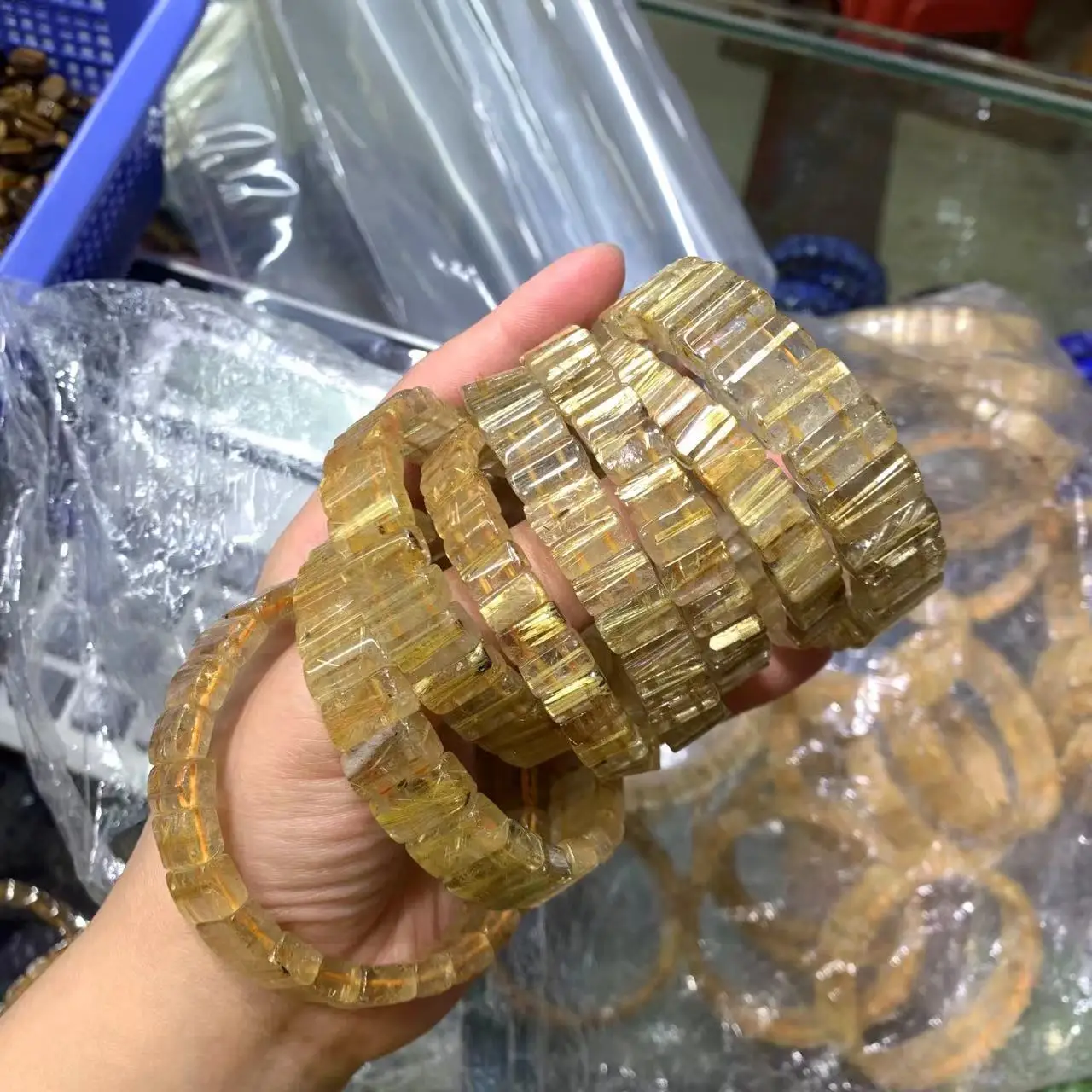 Golden Rutilated Quartz Stone Beads Bracelet Natural Gemstone Jewelry Bangle for Woman for Man Wholesale !