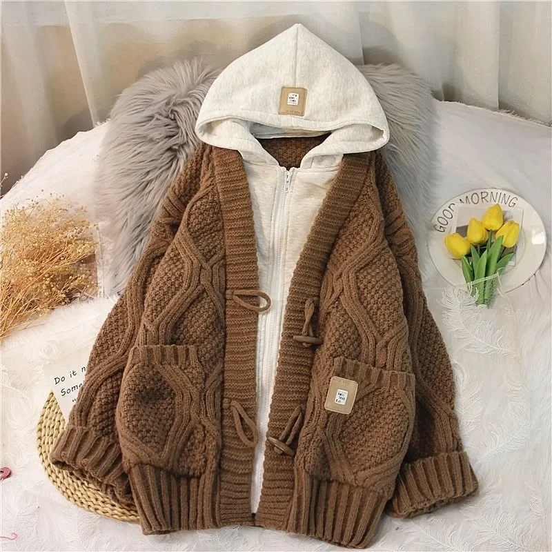 Fake Two-Piece Twist Hooded Sweater Coat Women Autumn And Winter New Y2K Plus Size Loose Long Knit Cardigan in Lazy Wind