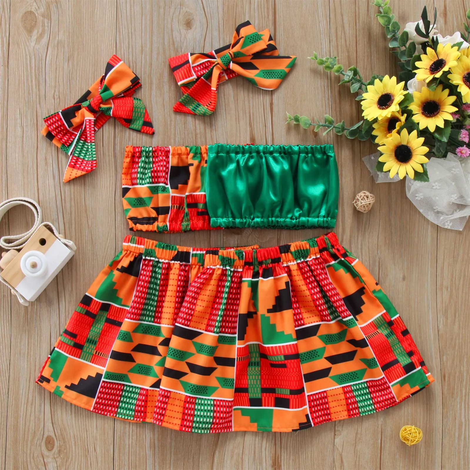 Children's Sets new Toddler Kids Baby Girls 2025 Summer Clothes African Style Vest Tops Dashiki Skirts Headband Ankara Outfits Set