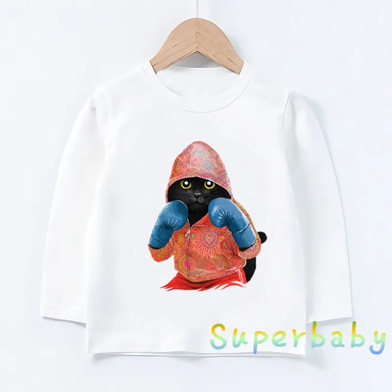 Kids T-Shirts Super Cool Boxing Cat Attack Print Funny new 2025 Girls Boys Clothes Autumn Baby Long Sleeve T shirt Casual Children Tops