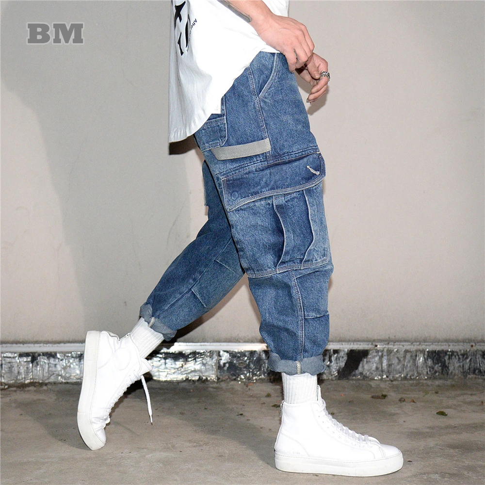BM American Streetwear Multi Pocket Cargo Jeans For Men Clothing Korean Hip Hop Denim Harem Pants Harajuku Casual Cropped Pants