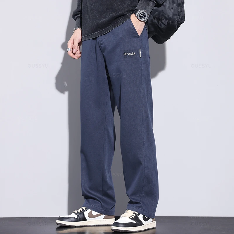 New Upgraded Soft Cosy Lyocell Fabric Men's Pants Baggy Straight Elastic Waist Thick Casual Wide Trousers Male Oversized M-5XL