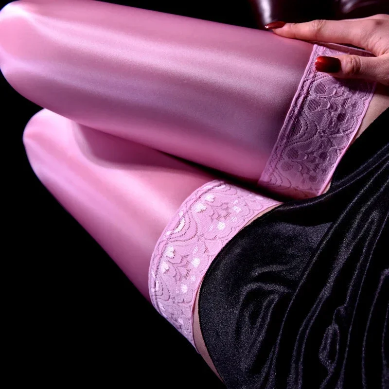 Colorful D Lace Top Silicone Hold Up Thigh High Stockings Vintage Oil Shiny Silky Women Sexy Pole Dance Clubwear