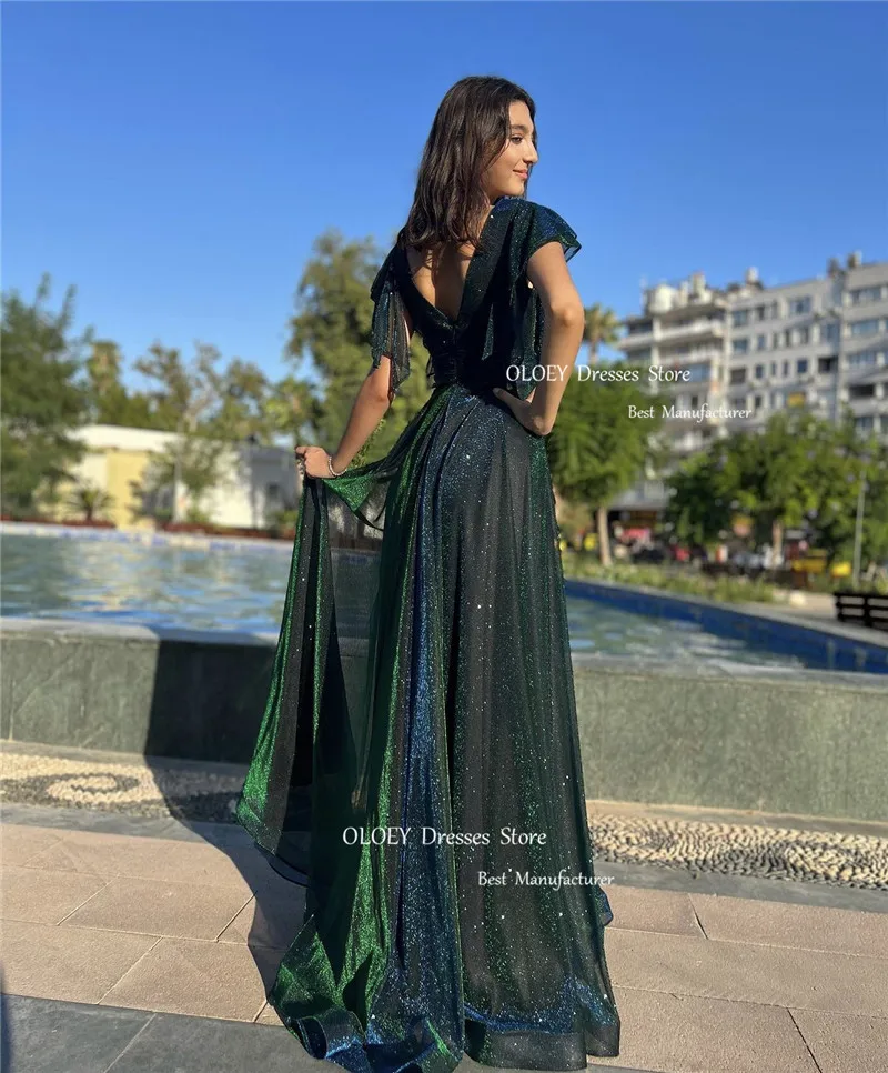 OLOEY New Dark Green Shiny Tulle Long Evening Dresses For Women Vintage Square Neck Short Sleeves Glitter Sparkly Prom Gowns