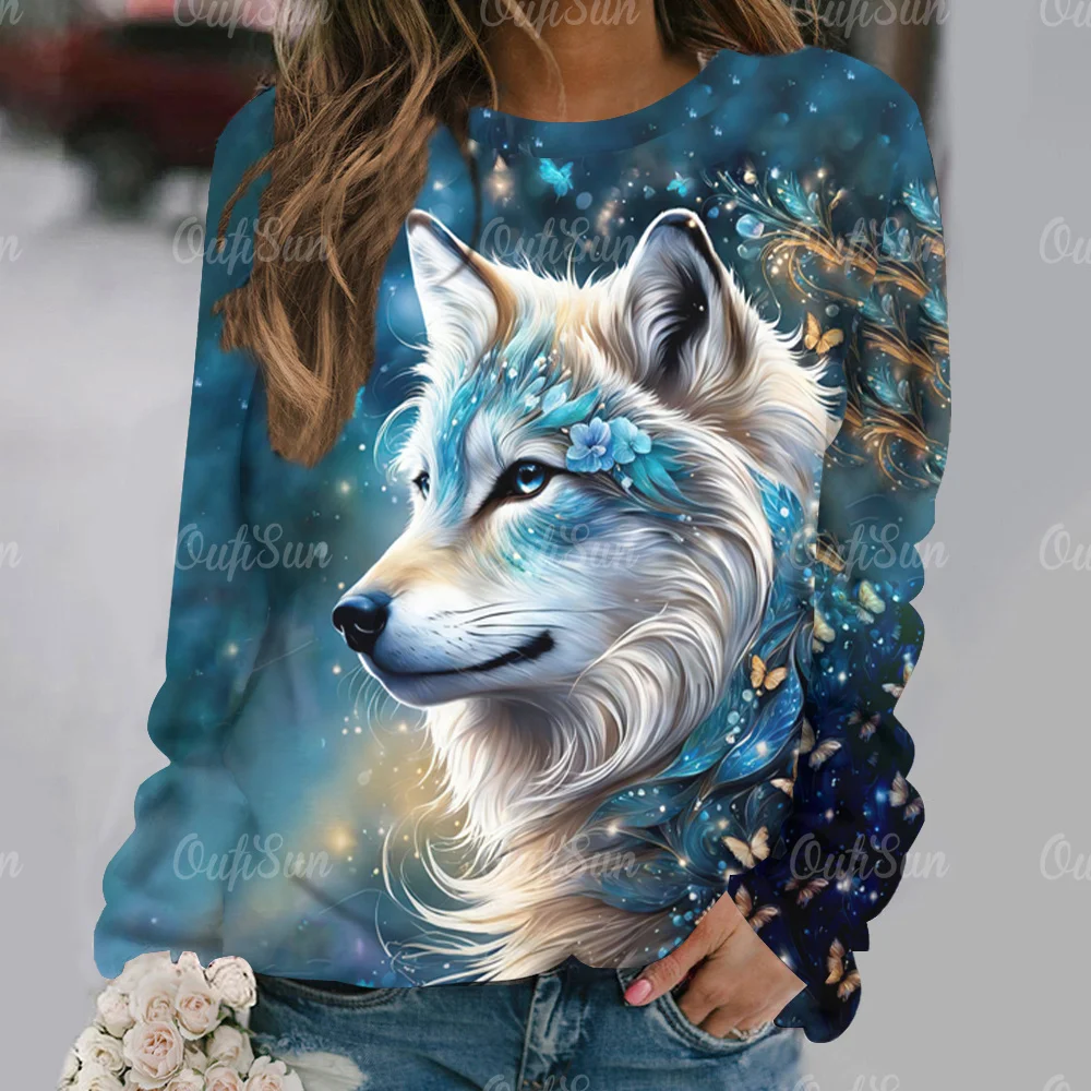 Women's T-Shirt 3D Wolf 2025 Print T Shirts for new Women O Neck Streetwear Ladies Sweater Autumn 2024 New Long Sleeve Pullover Clothes