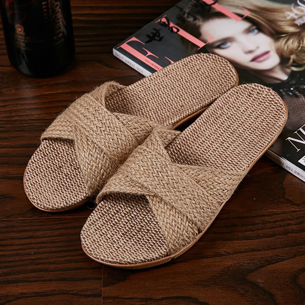 Summer Flax Slippers Women Men Home Casual Slippers Summer Casual Cross Strap Shoes Ladies Linen Slippers Female Beach Sandals
