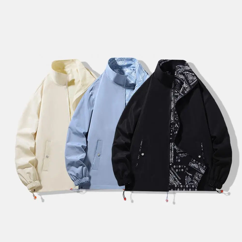 Men Fall Spring Jacket Reversible Double sided Wear Coat Print Smooth Loose Windproof Long Sleeve Stand Collar