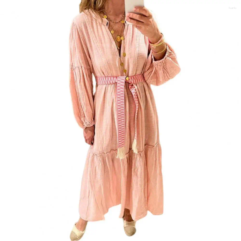 Casual Dresses Spring Soft Dress Pleated Detail Bohemian Beach Maxi With V-neck Bubble Sleeves Womens Loose Patchwork A-line