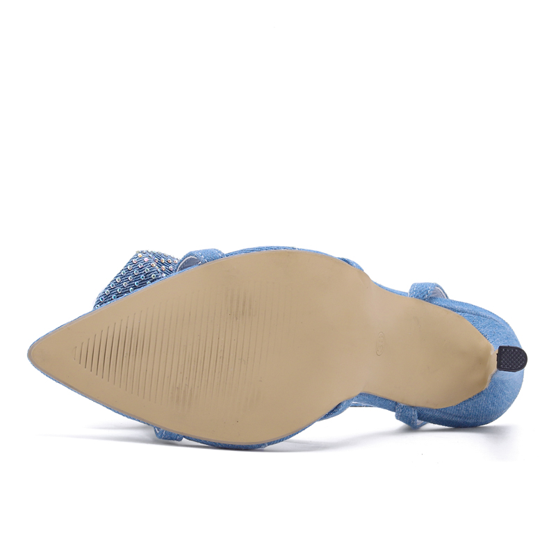 Denim Ankle Strap Sandals Women's 2024 Summer Pointed Toe Thin Heels Shoes with CRYSTAL wer Buckle