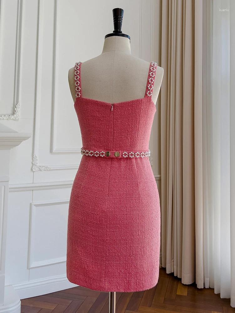 Casual Dresses Tweed Solid Beaded Design For Women Strapless High Waist Sleeveless Elegant Dress Female Spring 3WM792