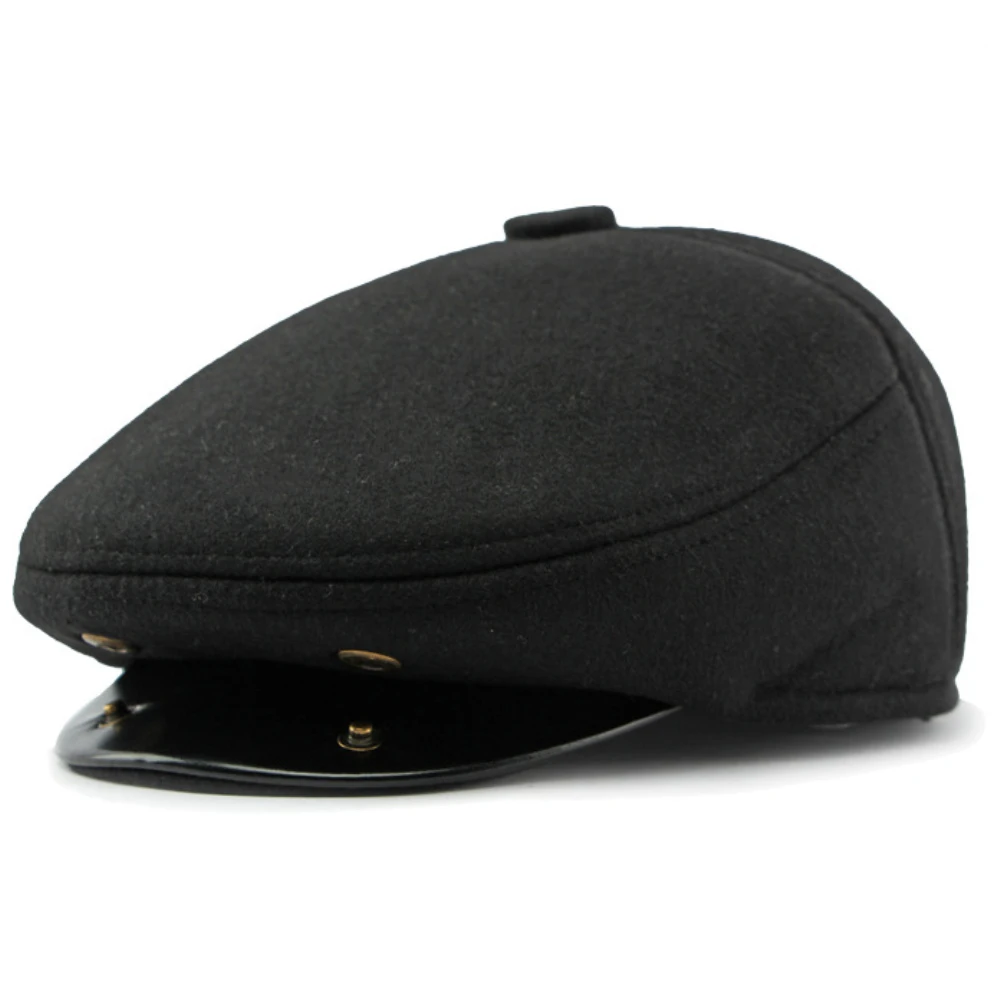 HT4287 Thick Warm Winter Caps for Men Solid Black Grey Ivy Newsboy Flat Cap Male 5 Panels Beret Hat with Ear Flaps Beret Caps