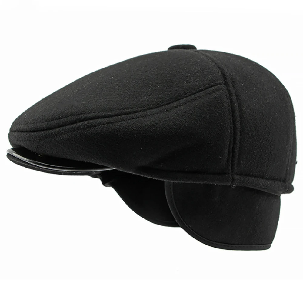 HT4287 Thick Warm Winter Caps for Men Solid Black Grey Ivy Newsboy Flat Cap Male 5 Panels Beret Hat with Ear Flaps Beret Caps