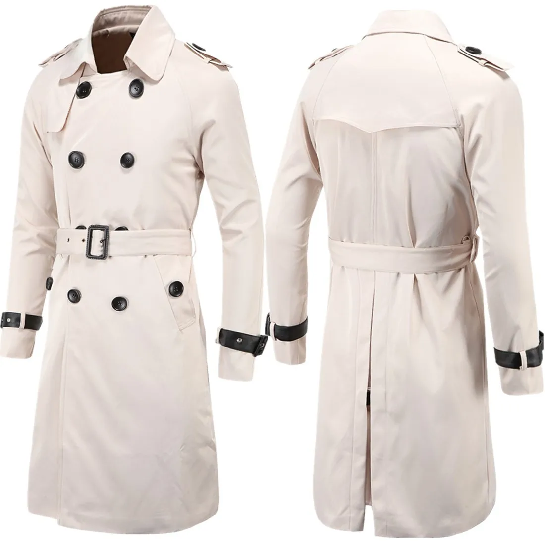 Mens Spring Autumn Windbreak Overcoat Long Trench Coats with Belt Male Pea Coat Double Breasted Peacoat W03