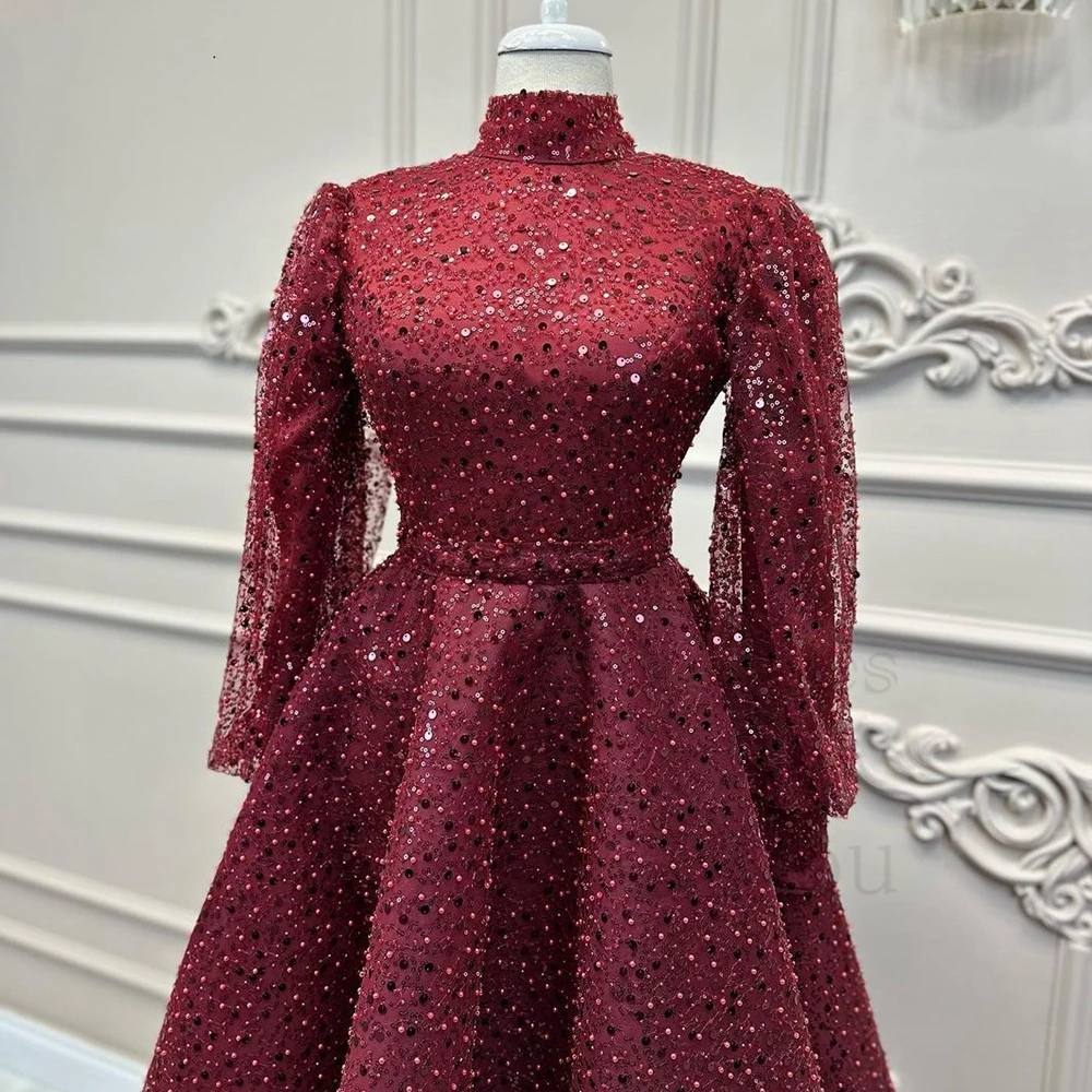 Champagne High Neck 2025 Evening Dresses for Women Full Sleeve Prom Gowns Sequined 2023 Summer A Line Real Picture Vestido new De Noche