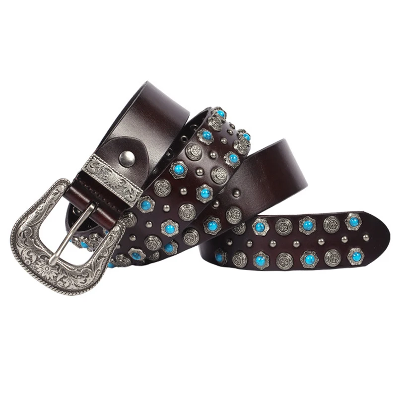 3.8CM Punk Rock Rivet Belts Genuine Leather Strap for Men Studded Male Belts First Layer of Cowskin Decorative Belts For Jeans