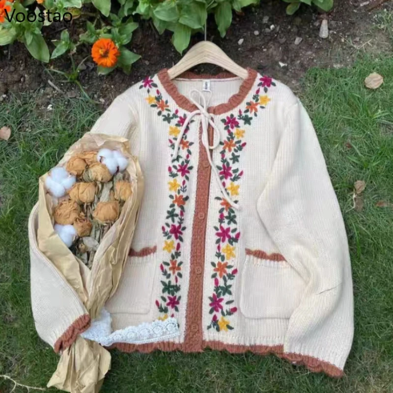 Vintage Cute Knitted Cardigan Women Elegant Sweet Flower Embroidery Jacquard Sweater Jackets Female Casual Long Sleeve Knit Coat